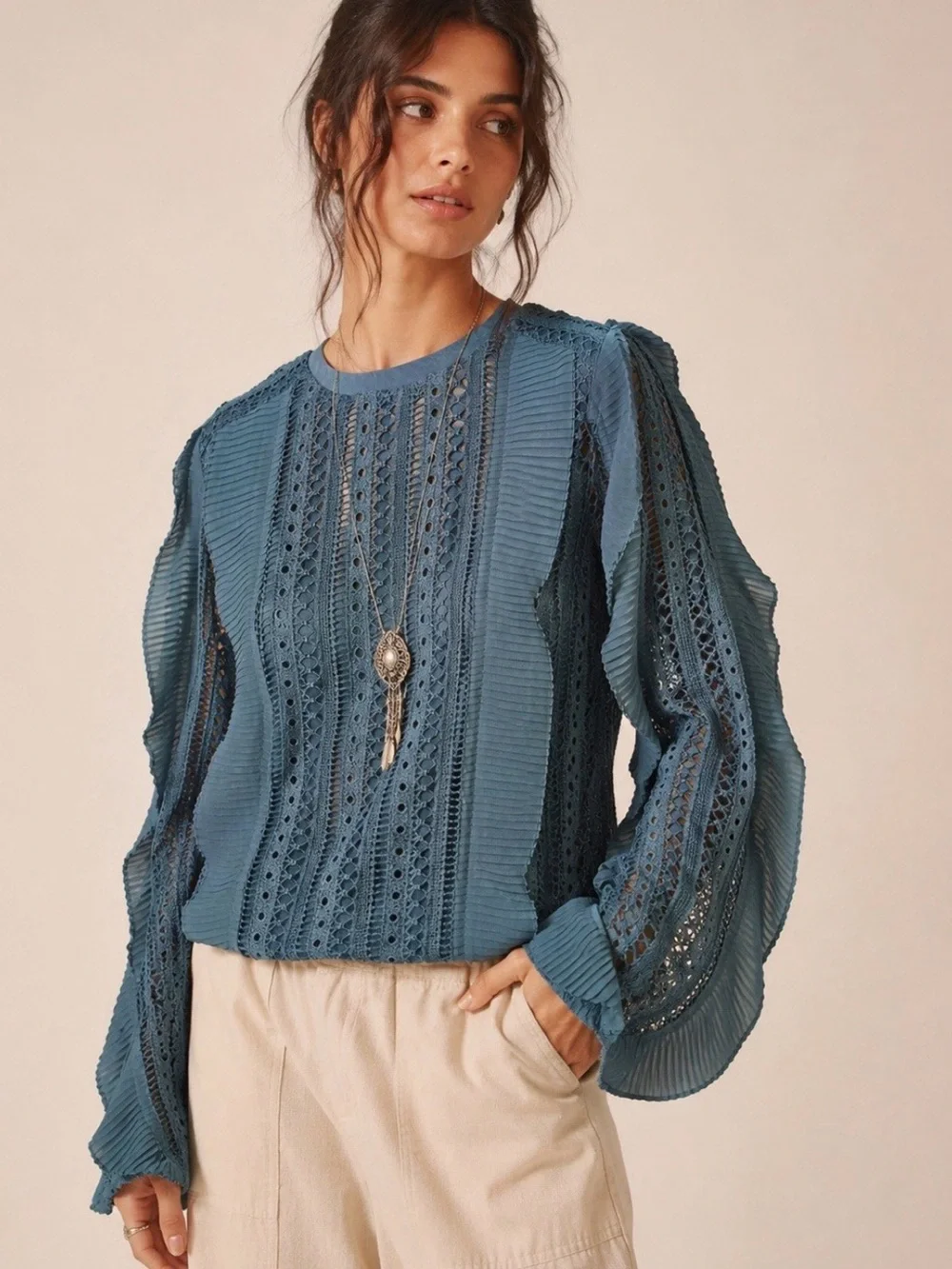 Calligraphie by Anthropology Women’s Ruffled Panel Blouse Teal Eyelet Lace S